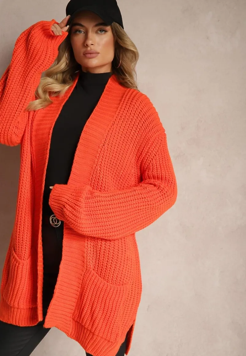 Pomarańczowy Kardigan z Kieszeniami Niezapinany Parika