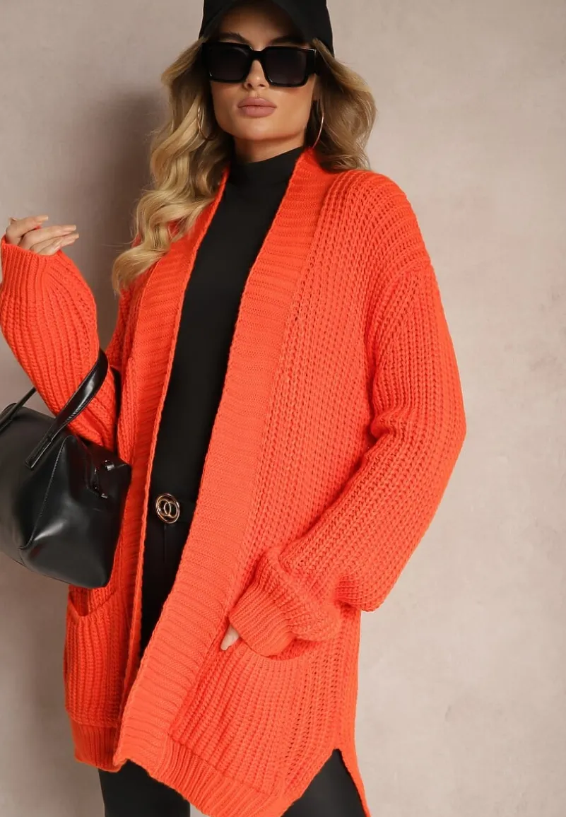 Pomarańczowy Kardigan z Kieszeniami Niezapinany Parika