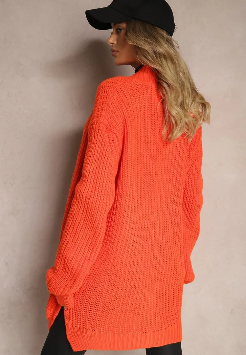 Pomarańczowy Kardigan z Kieszeniami Niezapinany Parika
