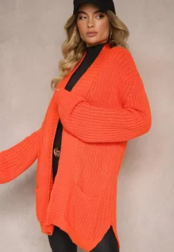 Pomarańczowy Kardigan z Kieszeniami Niezapinany Parika