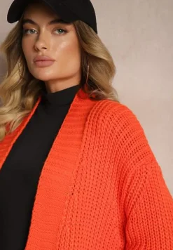 Pomarańczowy Kardigan z Kieszeniami Niezapinany Parika
