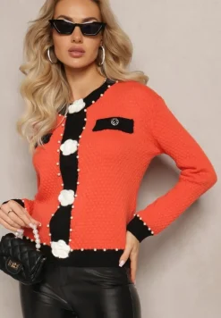 Pomarańczowy Kardigan z Wiskozy o Klasycznym Fasonie z Perłami i Kwiatami Kallu