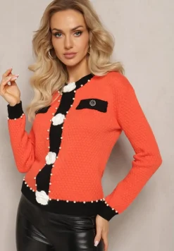 Pomarańczowy Kardigan z Wiskozy o Klasycznym Fasonie z Perłami i Kwiatami Kallu