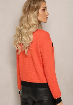 Pomarańczowy Kardigan z Wiskozy o Klasycznym Fasonie z Perłami i Kwiatami Kallu