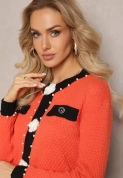 Pomarańczowy Kardigan z Wiskozy o Klasycznym Fasonie z Perłami i Kwiatami Kallu