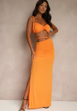 Pomarańczowy Komplet Top i Spódnica Zdobiona Marszczeniem Saviavelle
