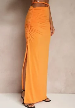 Pomarańczowy Komplet Top i Spódnica Zdobiona Marszczeniem Saviavelle