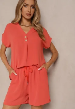 Pomarańczowy Komplet z Wiskozą T-shirt z Ozdobnymi Guzikami i Szorty Niterela