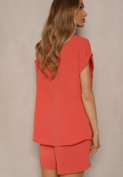 Pomarańczowy Komplet z Wiskozą T-shirt z Ozdobnymi Guzikami i Szorty Niterela