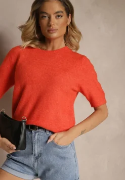 Pomarańczowy Sweter z Wełną Krótkim Rękawem Ozdobiony Ściągaczami Emiralin