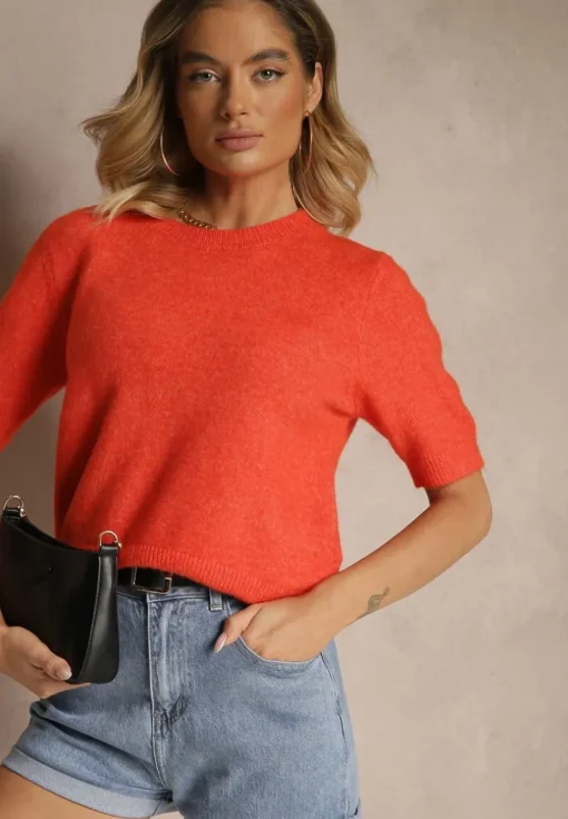 Pomarańczowy Sweter z Wełną Krótkim Rękawem Ozdobiony Ściągaczami Emiralin