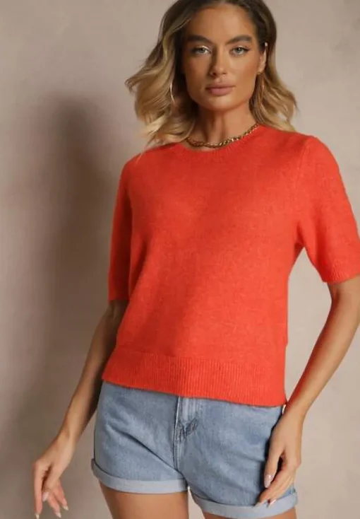 Pomarańczowy Sweter z Wełną Krótkim Rękawem Ozdobiony Ściągaczami Emiralin