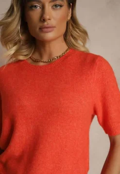 Pomarańczowy Sweter z Wełną Krótkim Rękawem Ozdobiony Ściągaczami Emiralin