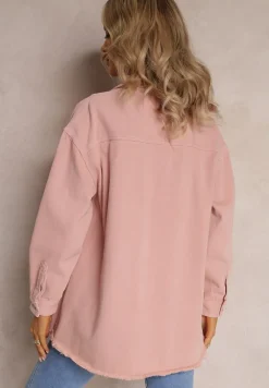 Różowa Bawełniana Jeansowa Kurtka Oversize z Kieszeniami i Metalowymi Guzikami Malvo