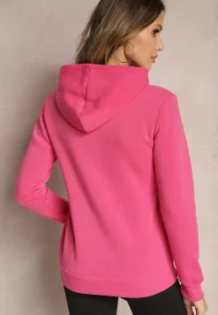 Różowa Bluza Kangurka Ocieplona Polarem z Ozdobnym Nadrukiem Elili