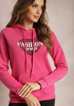 Różowa Bluza Kangurka Ocieplona Polarem z Ozdobnym Nadrukiem Elili