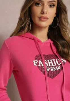 Różowa Bluza Kangurka Ocieplona Polarem z Ozdobnym Nadrukiem Elili