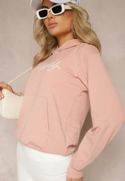 Różowa Bluza z Ozdobnym Napisem i Kapturem Arseia
