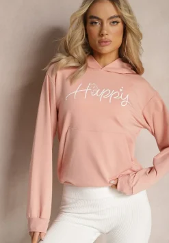 Różowa Bluza z Ozdobnym Napisem i Kapturem Arseia