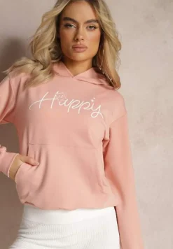Różowa Bluza z Ozdobnym Napisem i Kapturem Arseia