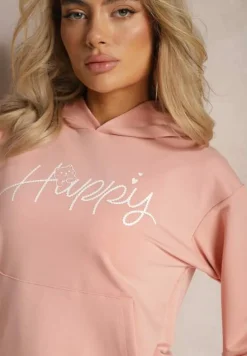 Różowa Bluza z Ozdobnym Napisem i Kapturem Arseia