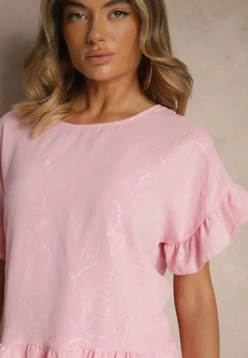 Różowa Bluzka Oversize Ozdobiona Falbanami Liriele