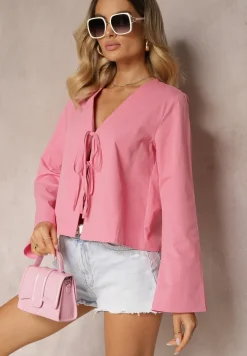Różowa Bluzka z Bawełny Narzutka z Wiązaniami i Rękawami Typu Nietoperz Delorea