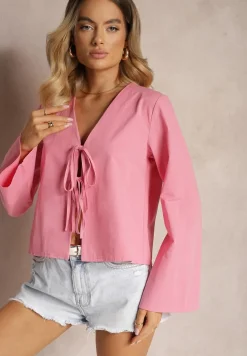 Różowa Bluzka z Bawełny Narzutka z Wiązaniami i Rękawami Typu Nietoperz Delorea