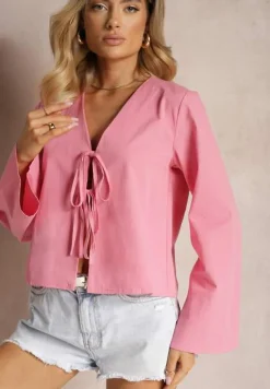 Różowa Bluzka z Bawełny Narzutka z Wiązaniami i Rękawami Typu Nietoperz Delorea