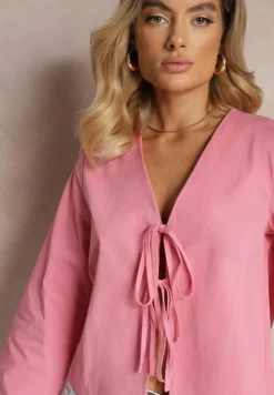 Różowa Bluzka z Bawełny Narzutka z Wiązaniami i Rękawami Typu Nietoperz Delorea