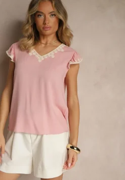 Różowa Bluzka z Bawełny Ozdobiona Haftem Savoreia