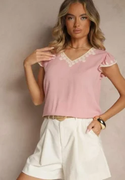 Różowa Bluzka z Bawełny Ozdobiona Haftem Savoreia