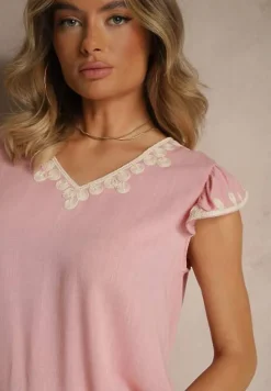 Różowa Bluzka z Bawełny Ozdobiona Haftem Savoreia