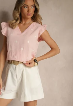 Różowa Bluzka z Bawełny w Kwiaty z Falbankami Aravindra