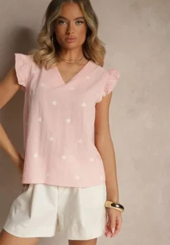 Różowa Bluzka z Bawełny w Kwiaty z Falbankami Aravindra