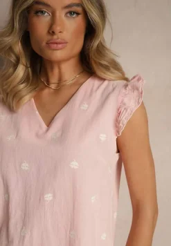Różowa Bluzka z Bawełny w Kwiaty z Falbankami Aravindra