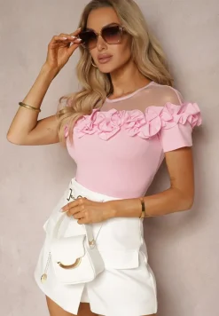 Różowa Bluzka z Bawełny z Krótkim Rękawem Ozdobiona Falbanką i Siateczką Minalia