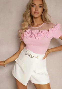 Różowa Bluzka z Bawełny z Krótkim Rękawem Ozdobiona Falbanką i Siateczką Minalia