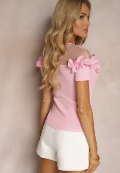 Różowa Bluzka z Bawełny z Krótkim Rękawem Ozdobiona Falbanką i Siateczką Minalia