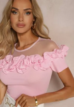 Różowa Bluzka z Bawełny z Krótkim Rękawem Ozdobiona Falbanką i Siateczką Minalia