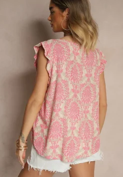 Różowa Bluzka z Bawełny Zdobiona Falbankami Uloniwen