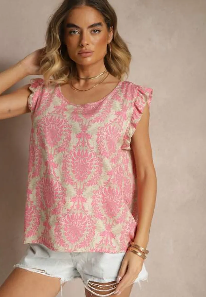 Różowa Bluzka z Bawełny Zdobiona Falbankami Uloniwen