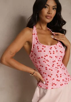 Różowa Bluzka z Dekoltem Halter Zdobiona Wiązaniem i Guzikami Tolureine