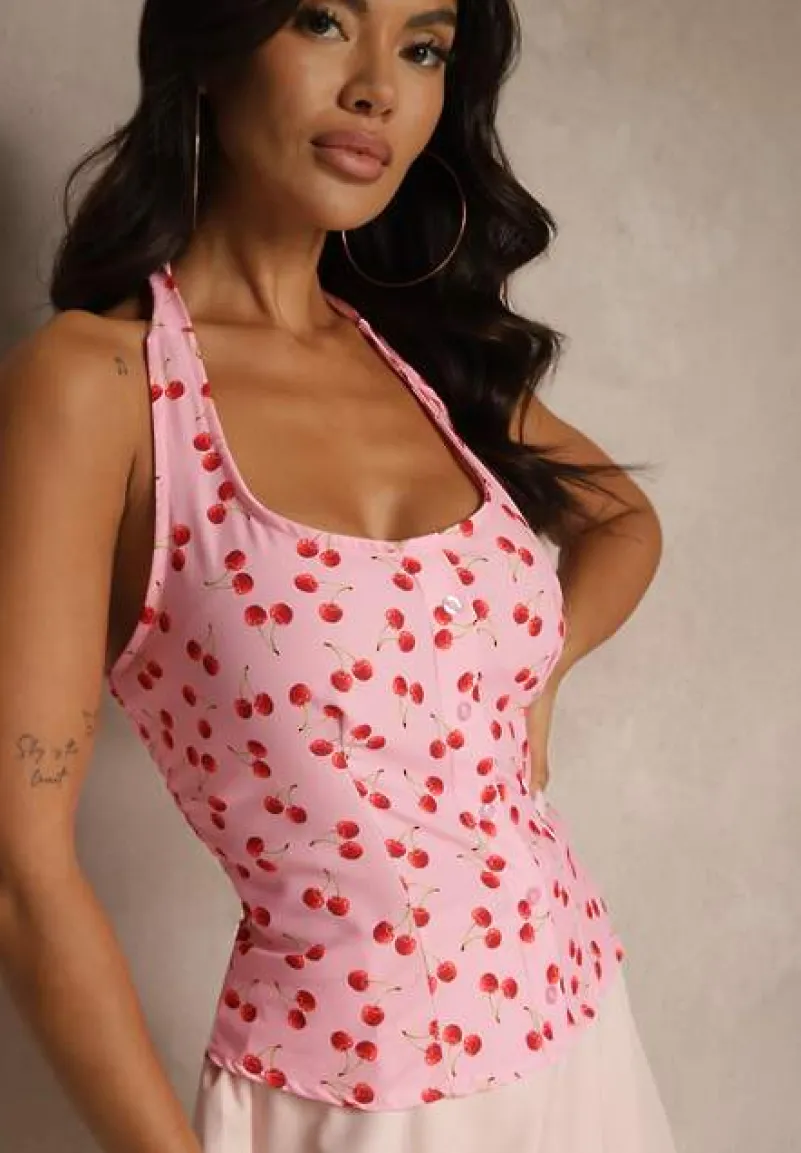 Różowa Bluzka z Dekoltem Halter Zdobiona Wiązaniem i Guzikami Tolureine