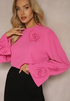 Różowa Bluzka z Dodatkiem Bawełny Ozdobiona Kwiatem 3D Merisara