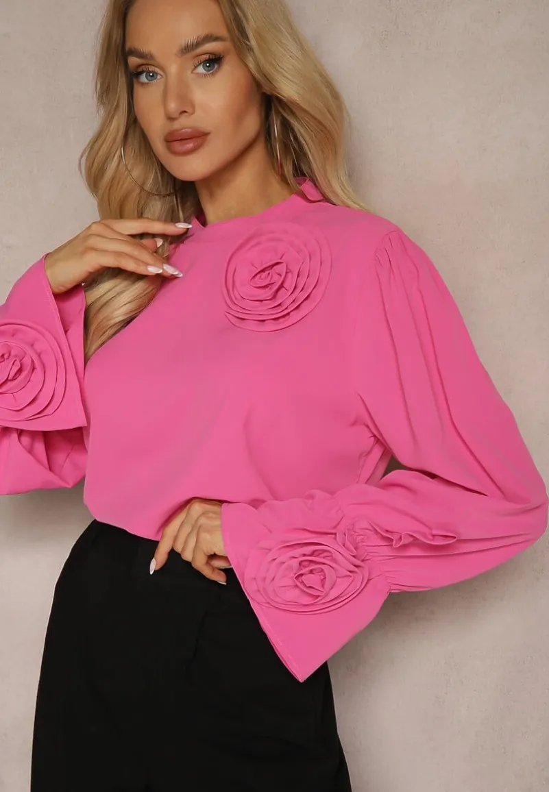 Różowa Bluzka z Dodatkiem Bawełny Ozdobiona Kwiatem 3D Merisara