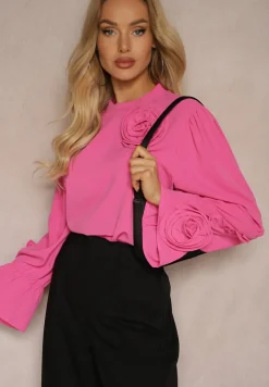 Różowa Bluzka z Dodatkiem Bawełny Ozdobiona Kwiatem 3D Merisara