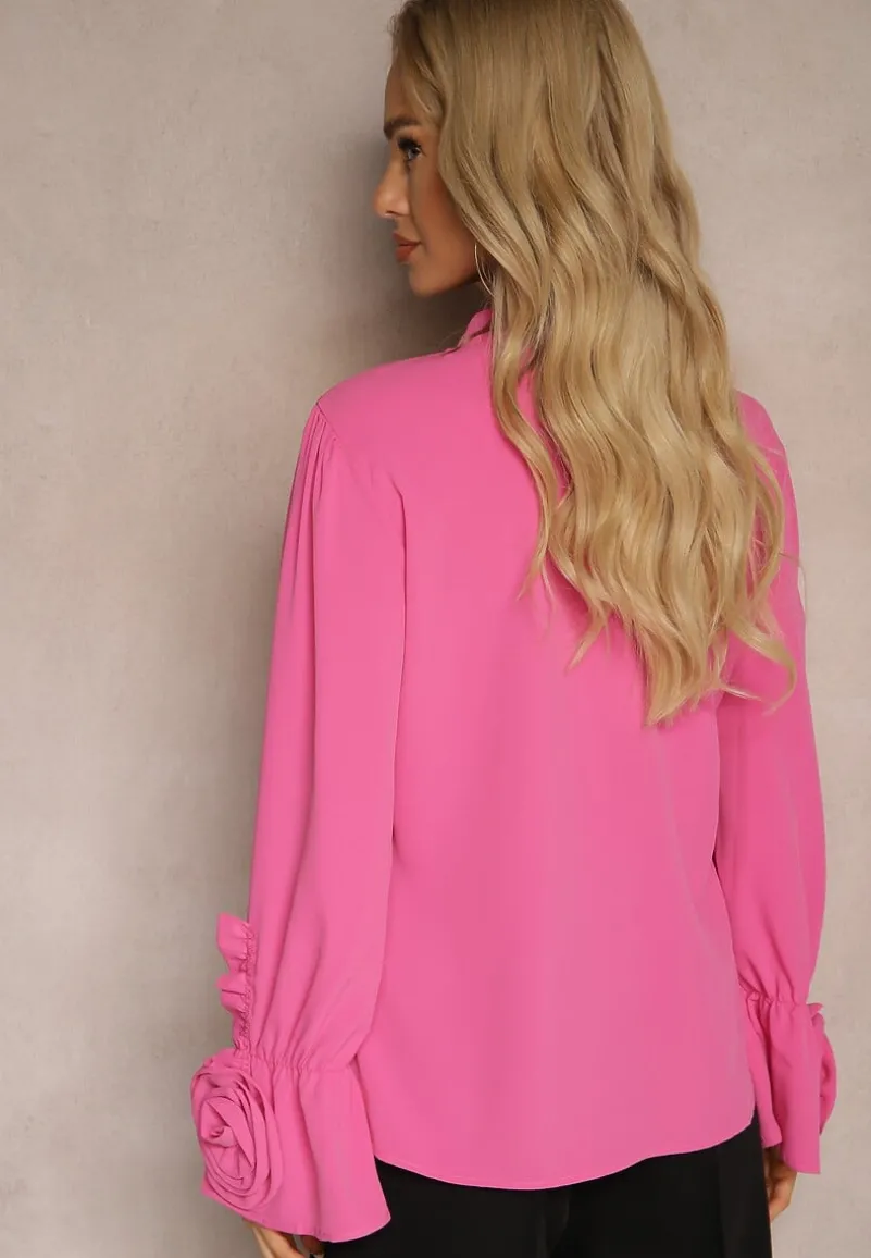 Różowa Bluzka z Dodatkiem Bawełny Ozdobiona Kwiatem 3D Merisara