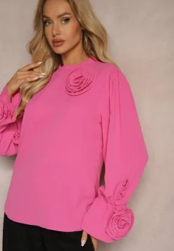 Różowa Bluzka z Dodatkiem Bawełny Ozdobiona Kwiatem 3D Merisara