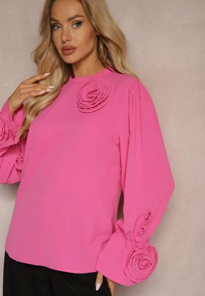 Różowa Bluzka z Dodatkiem Bawełny Ozdobiona Kwiatem 3D Merisara